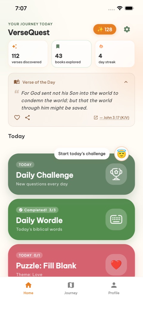 VerseQuest home — daily challenge, streak, and game modes