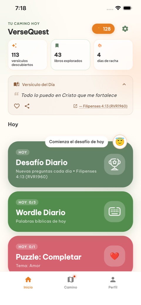 Inicio de VerseQuest — desafío diario, racha y modos de juego